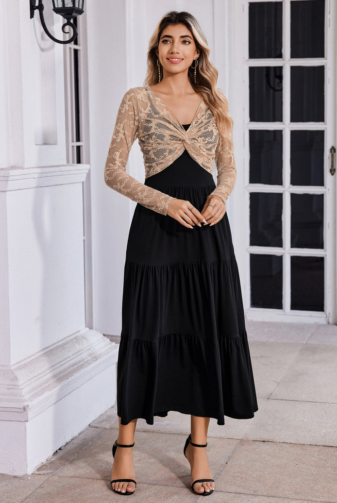 Beige floral lace crop cover-up with V-neck front knot and long sleeves