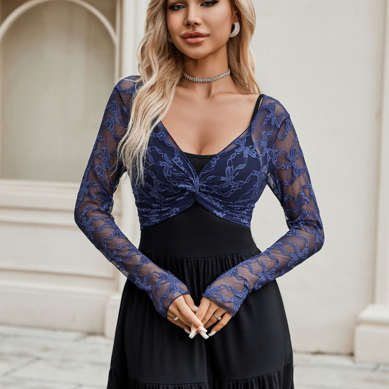 Navy floral lace crop cover-up with V-neck front knot and long sleeves