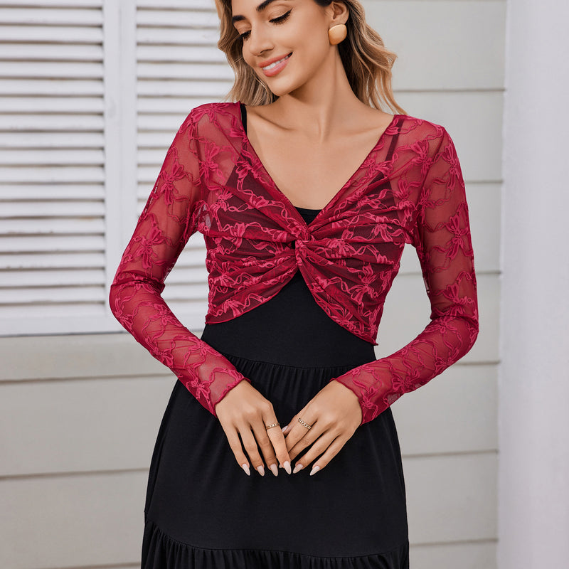 Wine red floral lace crop cover-up with V-neck front knot and long sleeves
