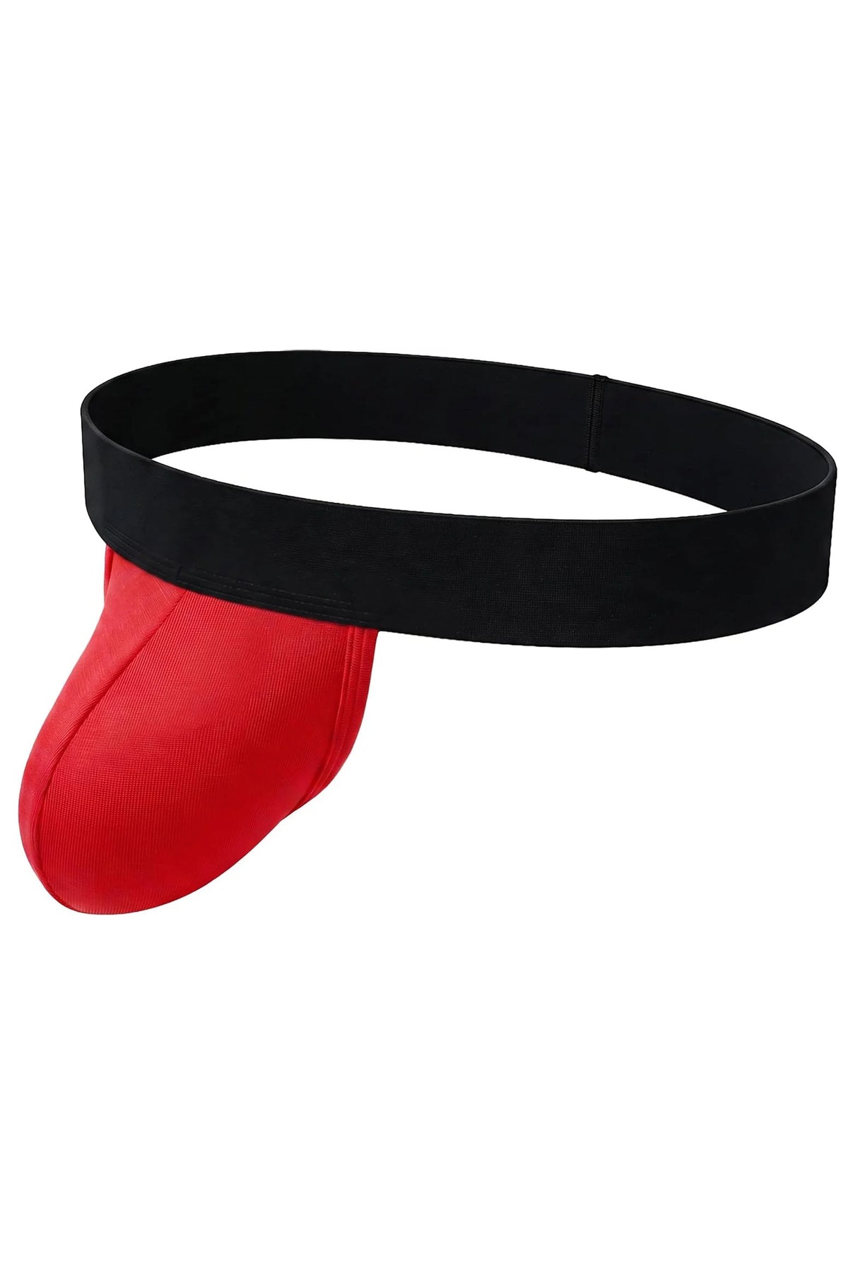 Men's dual-pouch jockstrap: black wide waistband, red pouch, open back thong style.