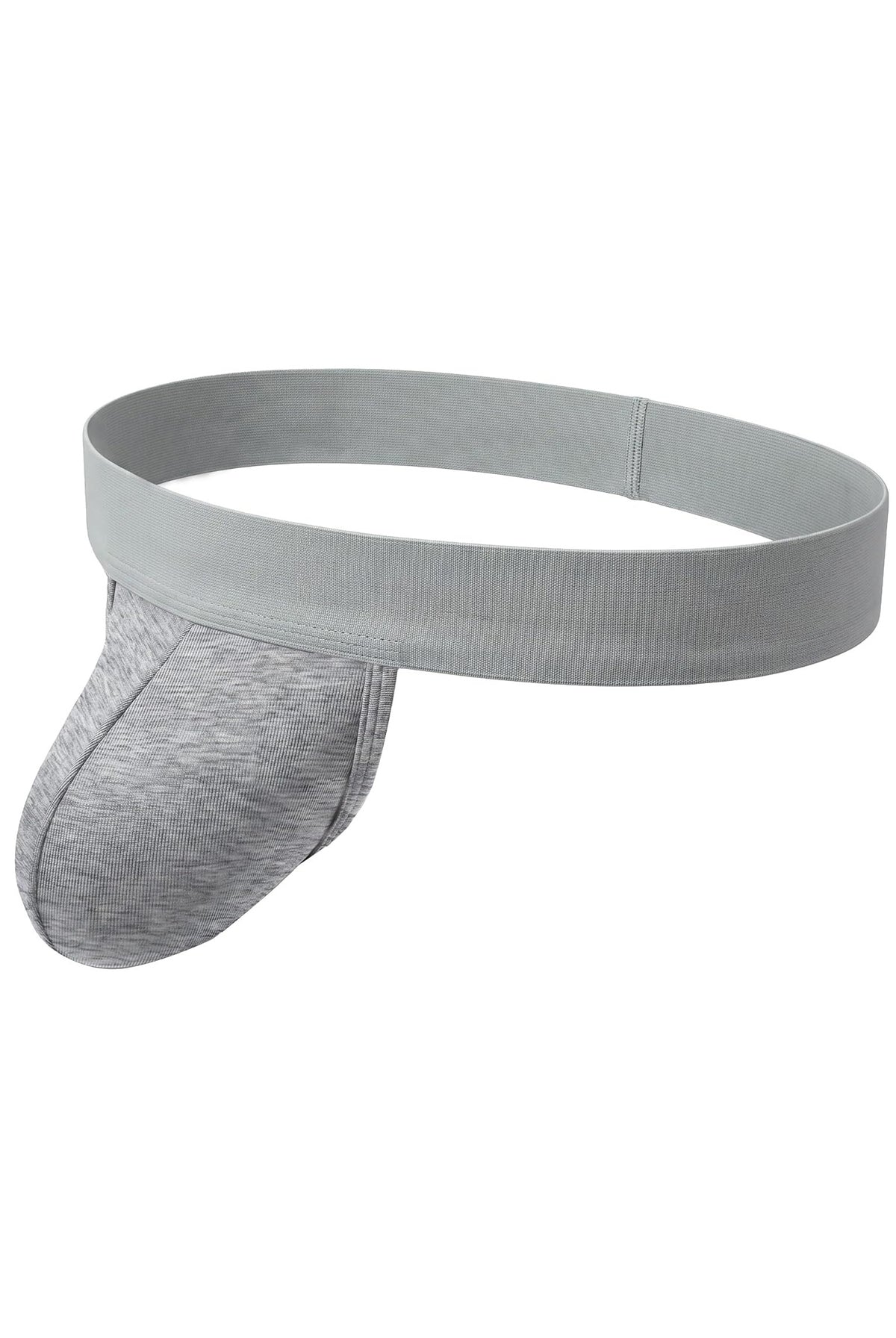 Men's dual-pouch jockstrap: light gray wide waistband, heather gray pouch, open back.