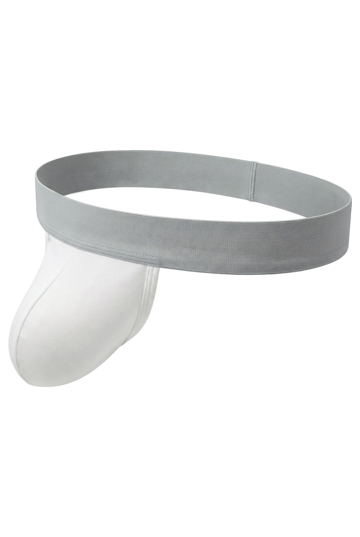 Men's dual-pouch jockstrap: light gray wide waistband, white pouch, open back thong style.