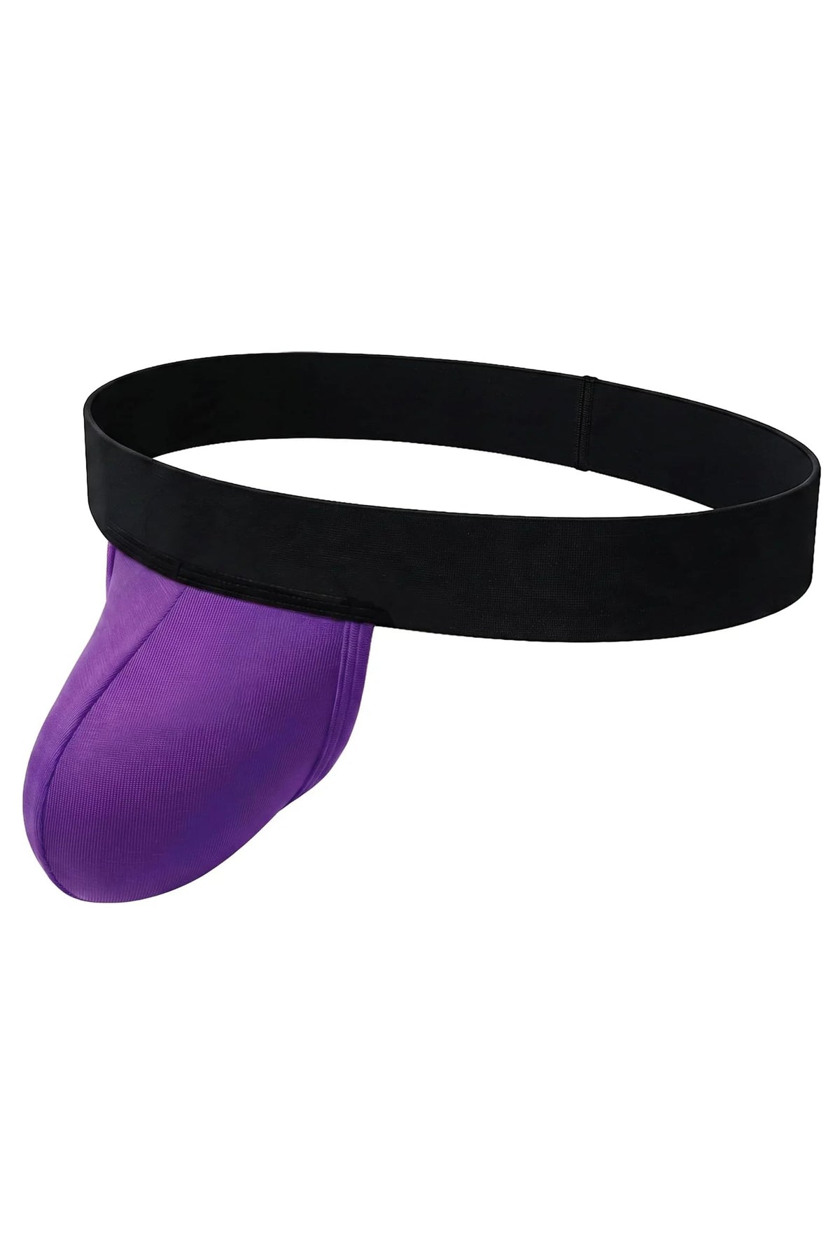 Men's dual-pouch jockstrap: black wide waistband, purple pouch, open back thong style.
