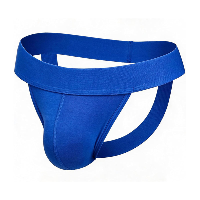 Men's blue athletic jockstrap with wide waistband, 3D pouch, and open back