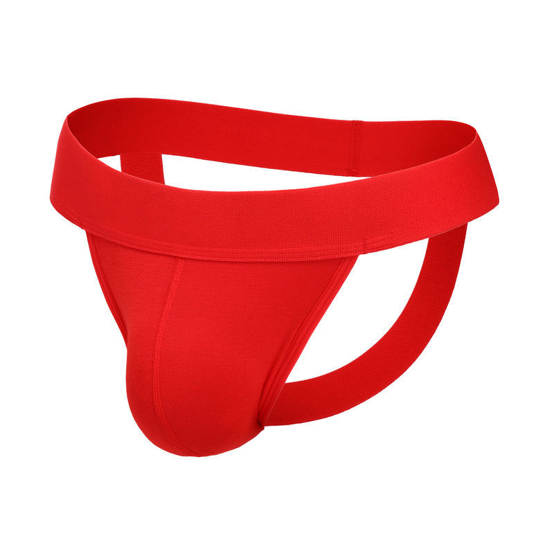 Red men's jockstrap with wide waistband and open back, contoured pouch