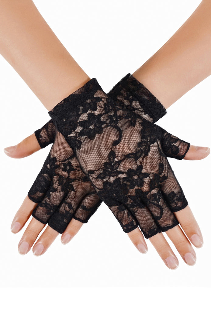 Floral lace fingerless gloves, short wrist, black sheer with floral pattern