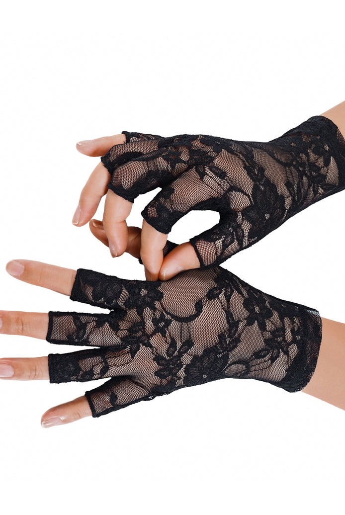 Floral lace fingerless gloves, short wrist, black floral lace wrap cuffs