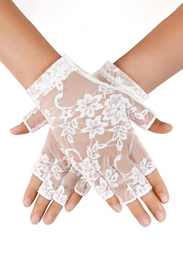 Floral lace fingerless gloves, short wrist, white sheer floral lace