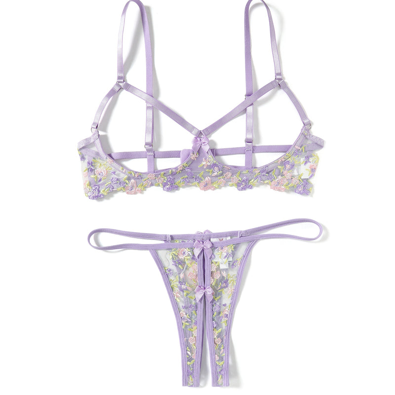 Lilac floral embroidered sheer mesh strappy wireless bra and thong lingerie set