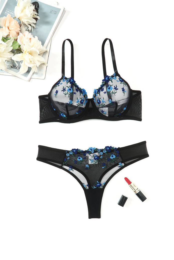 Embroidered lingerie set with underwire mesh bra and thong, blue floral pattern