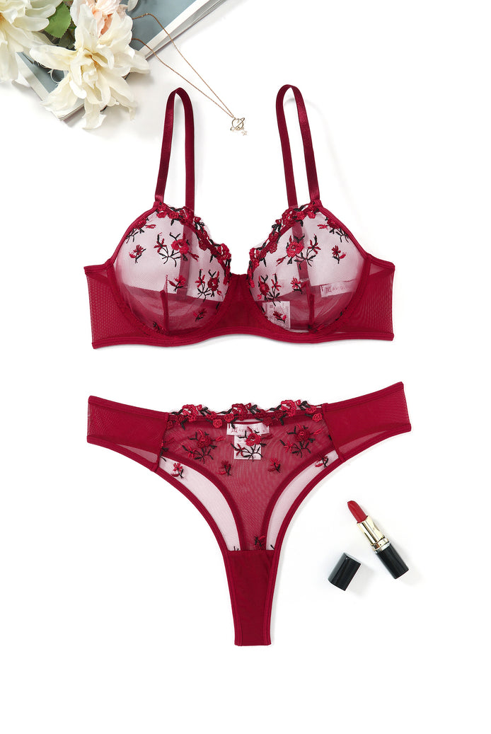Embroidered sheer bra and thong set, burgundy red floral embroidery