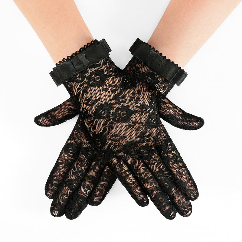 Black floral lace full-finger gloves with short ribbon bow cuffs