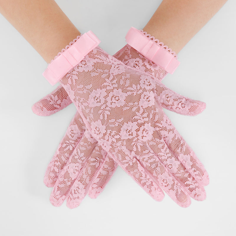 Pink floral lace full-finger gloves with short ribbon bow cuffs