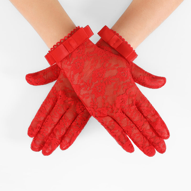 Red floral lace full-finger gloves with short ribbon bow cuffs