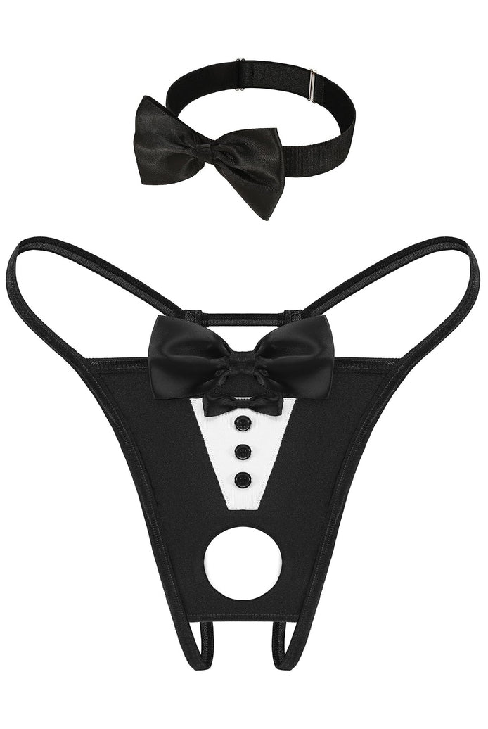 Black bowknot choker and matching black thong with white panel and round cutout