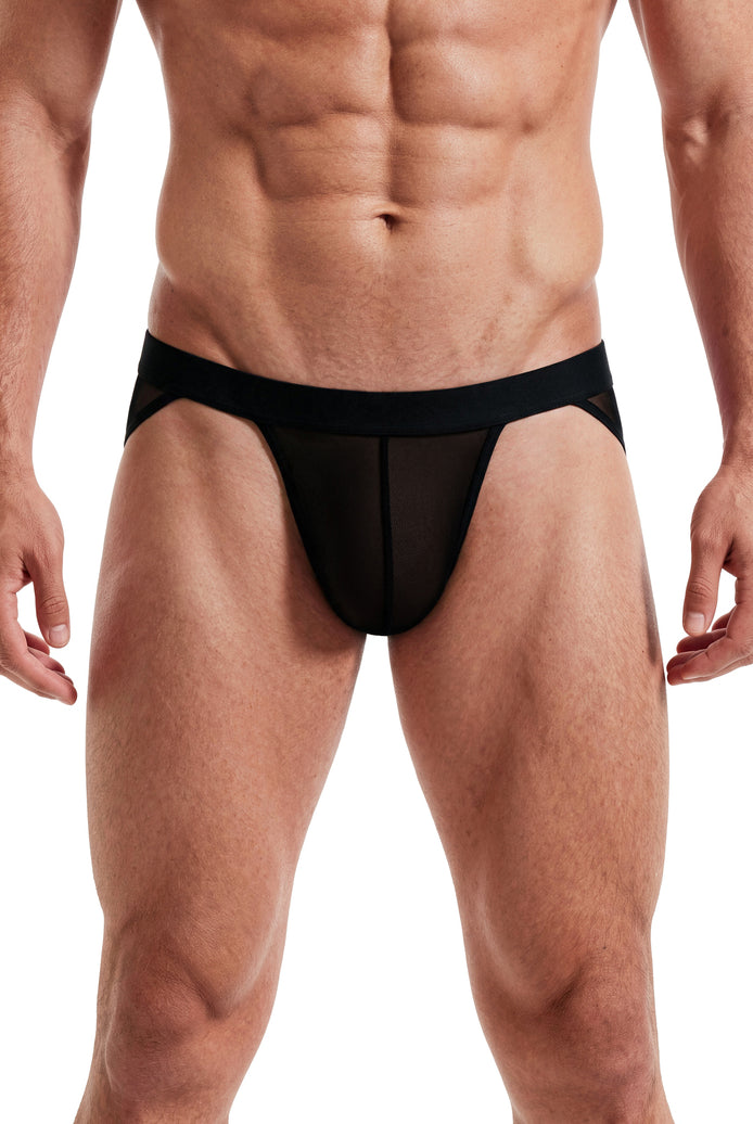 Men's sheer mesh bikini brief with contour pouch, low-rise high cut, black