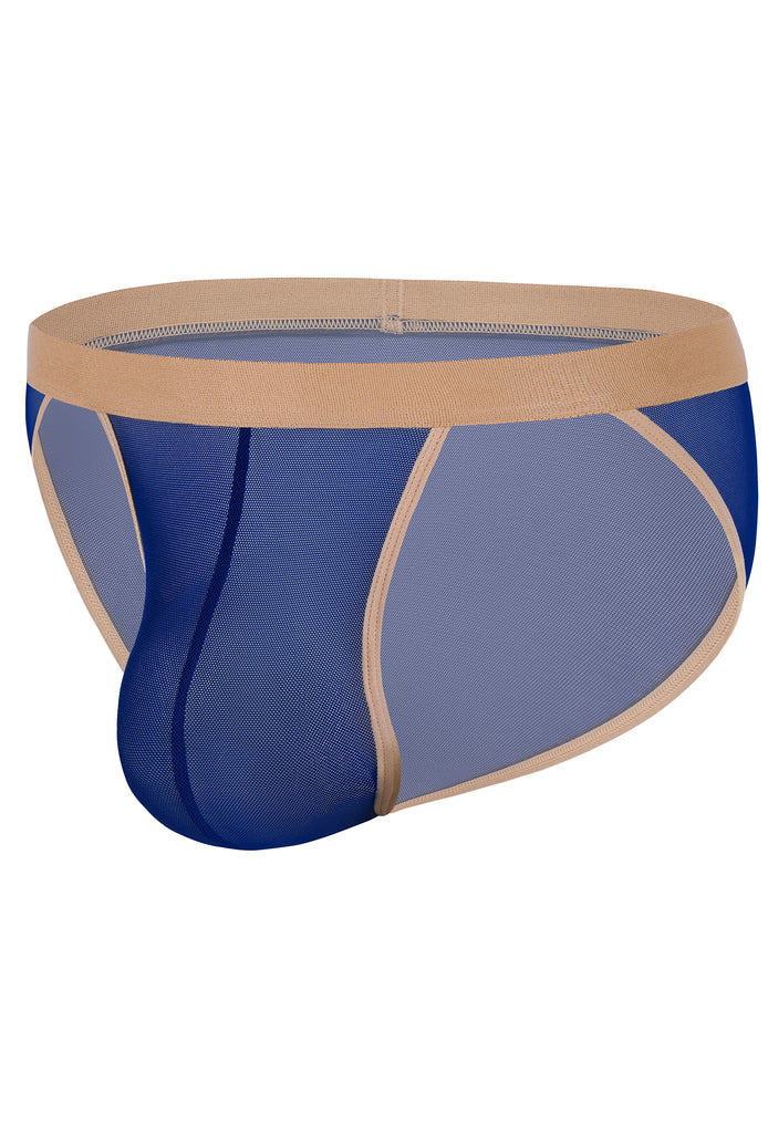 Men's sheer mesh bikini brief, side view, blue with tan/gold trim and dark contrast panel