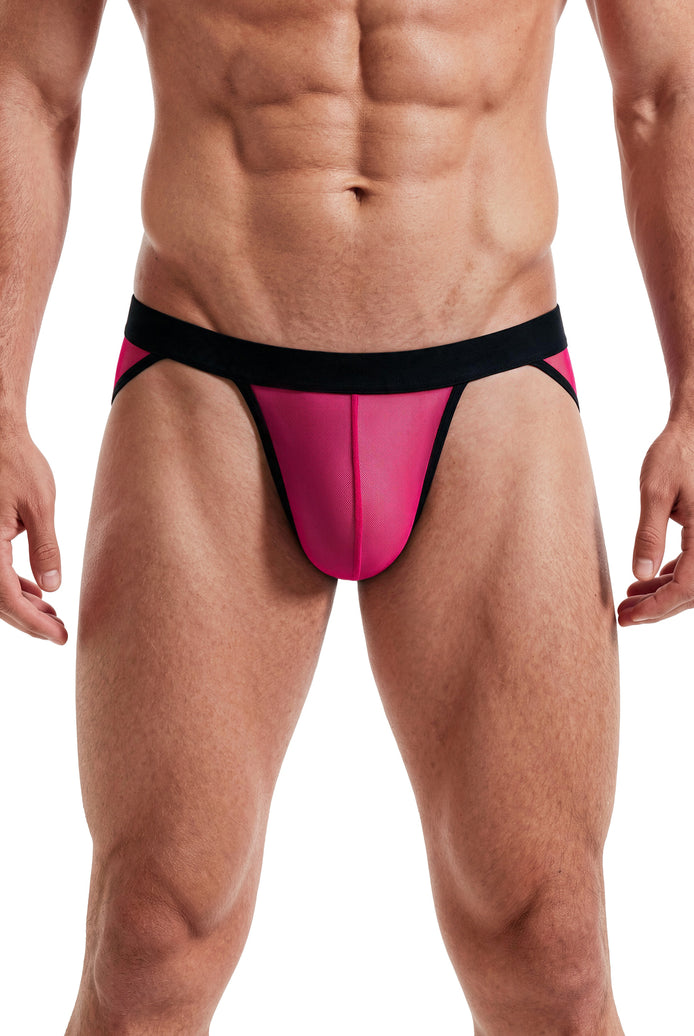 Men's sheer mesh bikini brief with contour pouch, low-rise high cut, pink with black trim