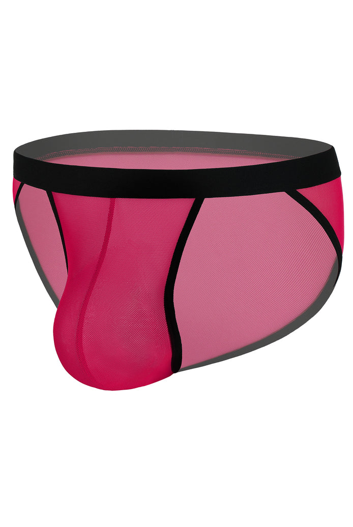 Men's sheer mesh bikini brief, side view, pink with black waistband and contour pouch