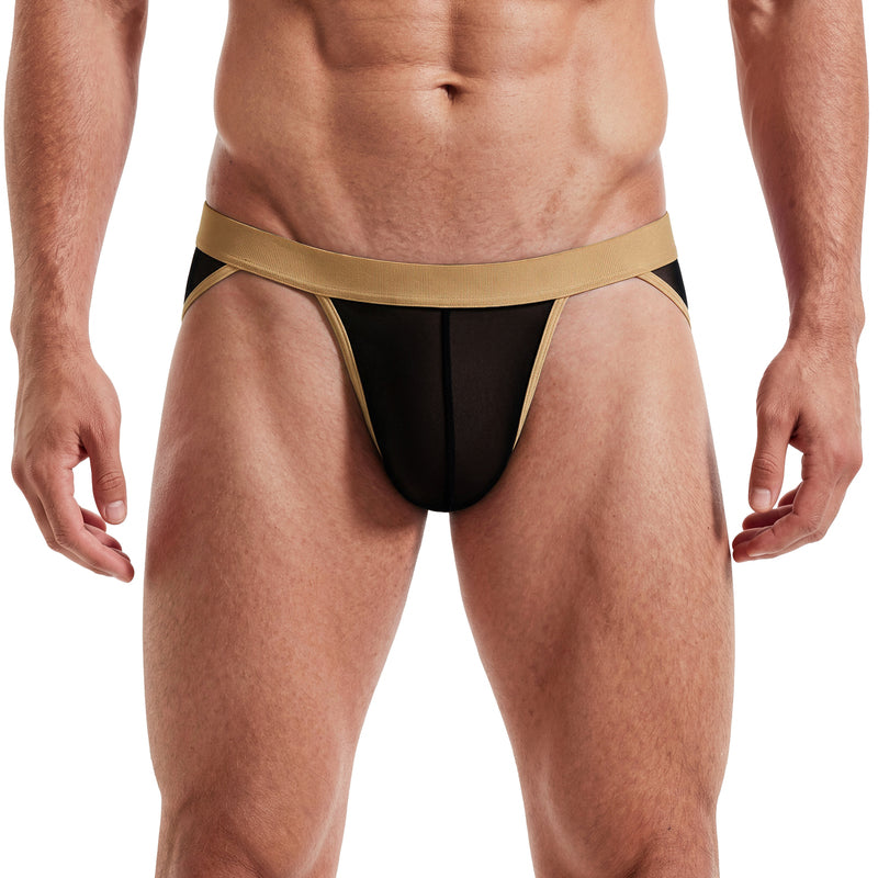 Men's black sheer mesh bikini brief with contour pouch, low rise, high cut, gold trim