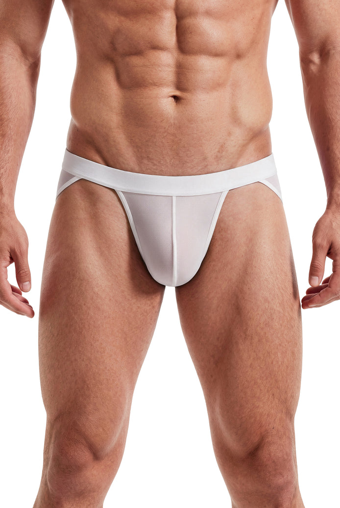 Men's white sheer mesh bikini brief with contour pouch, low rise, high cut
