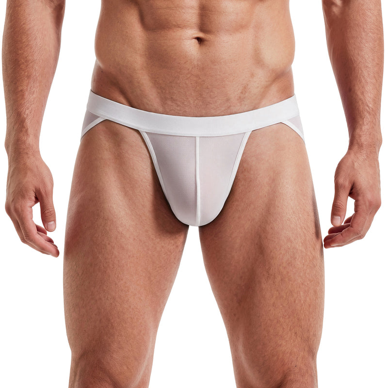 Men's white sheer mesh bikini brief with contour pouch, low rise, high cut