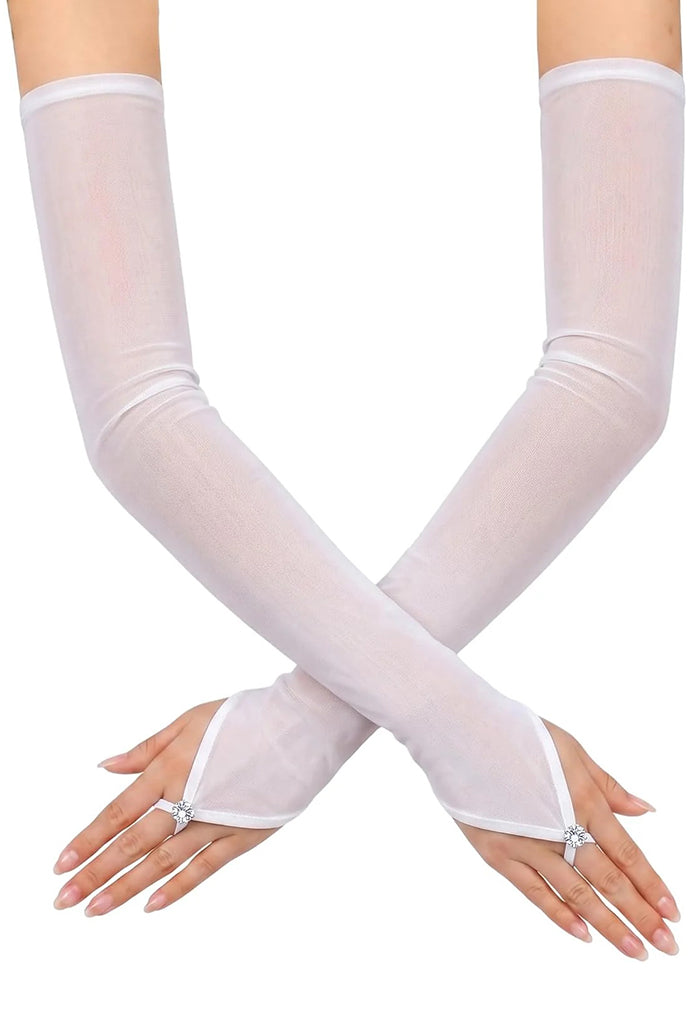 White sheer mesh arm warmers with fingerless gloves and rhinestone thumb rings