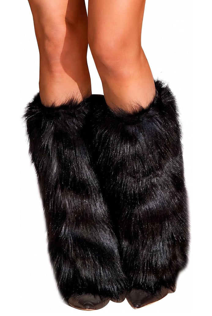 Black long-pile faux fur boot cuffs, fuzzy leg warmers (pair) near ankles