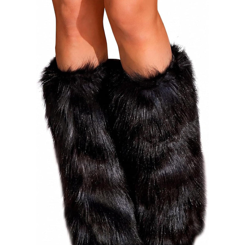 Black long-pile faux fur boot cuffs, fuzzy leg warmers (pair) near ankles