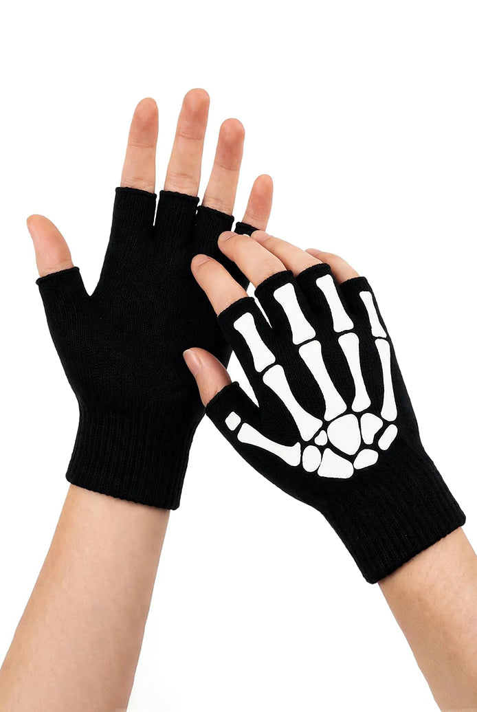 Black skeleton print knit half-finger gloves with open fingertips
