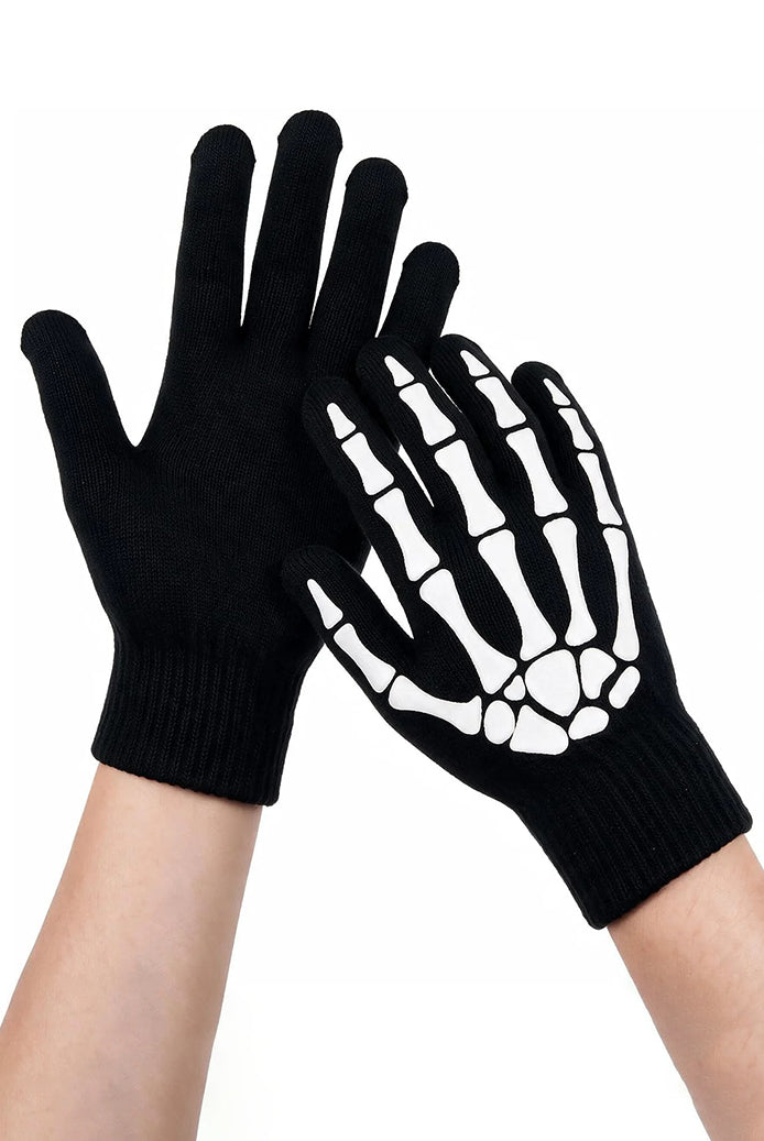 Black skeleton print knit full-finger gloves with covered fingertips