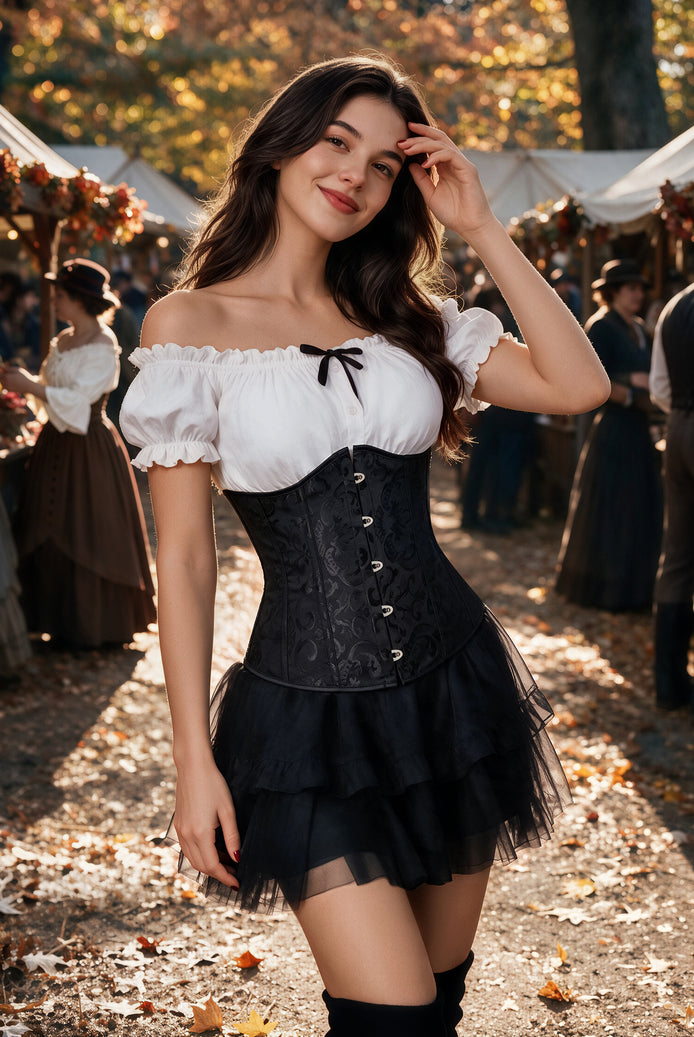 Black underbust corset top with front busk, black lace-up, and white off-shoulder bodice