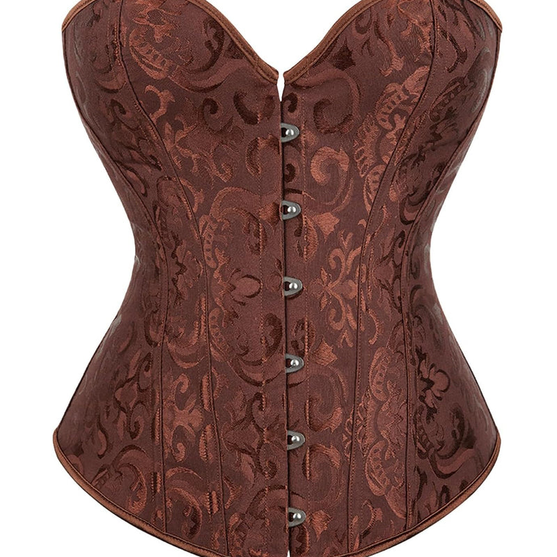 Brown jacquard overbust corset with boned shaping and front button busk closure