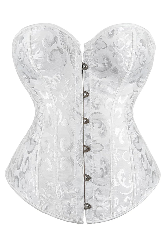 White jacquard overbust corset with boned waist and front button busk closure