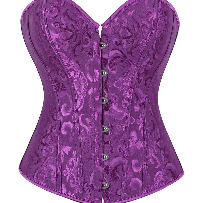 Dark purple jacquard overbust corset with boned sides and front button busk closure
