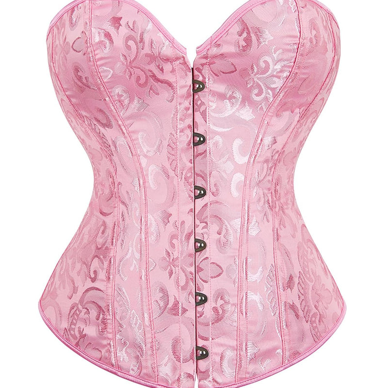 Pink jacquard overbust corset with boned waist and front button busk closure