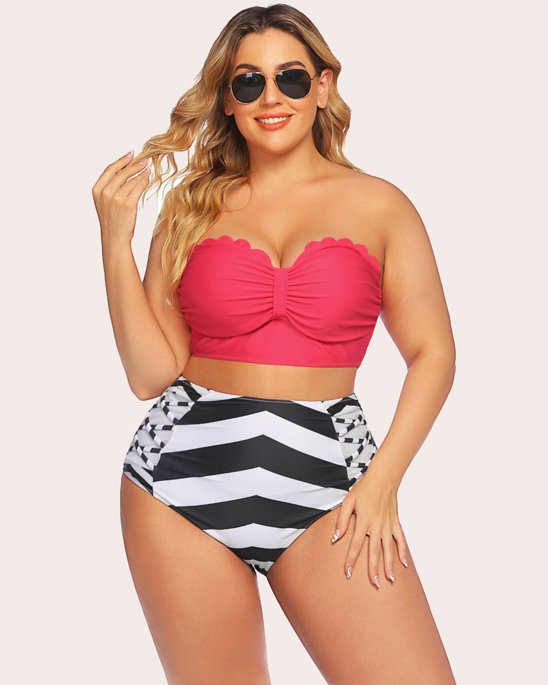Tummy control two-piece swimwear set: pink scalloped strapless top and black-and-white striped high-waist bottoms