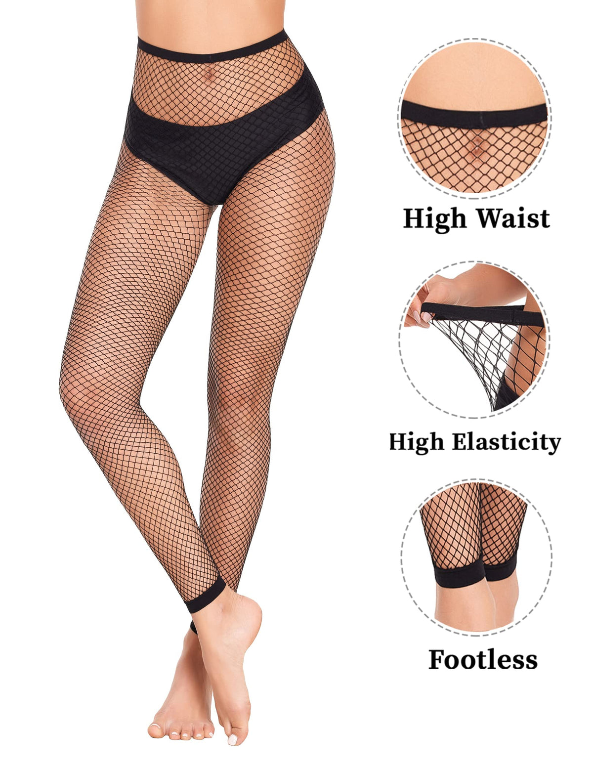 Nude-tone fishnet stockings with black high-waist band and full diamond grid