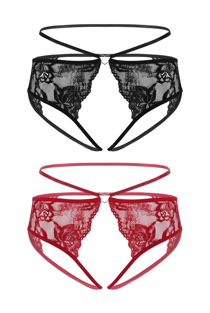 Black and wine red lace cheeky thongs with bow detail and long straps