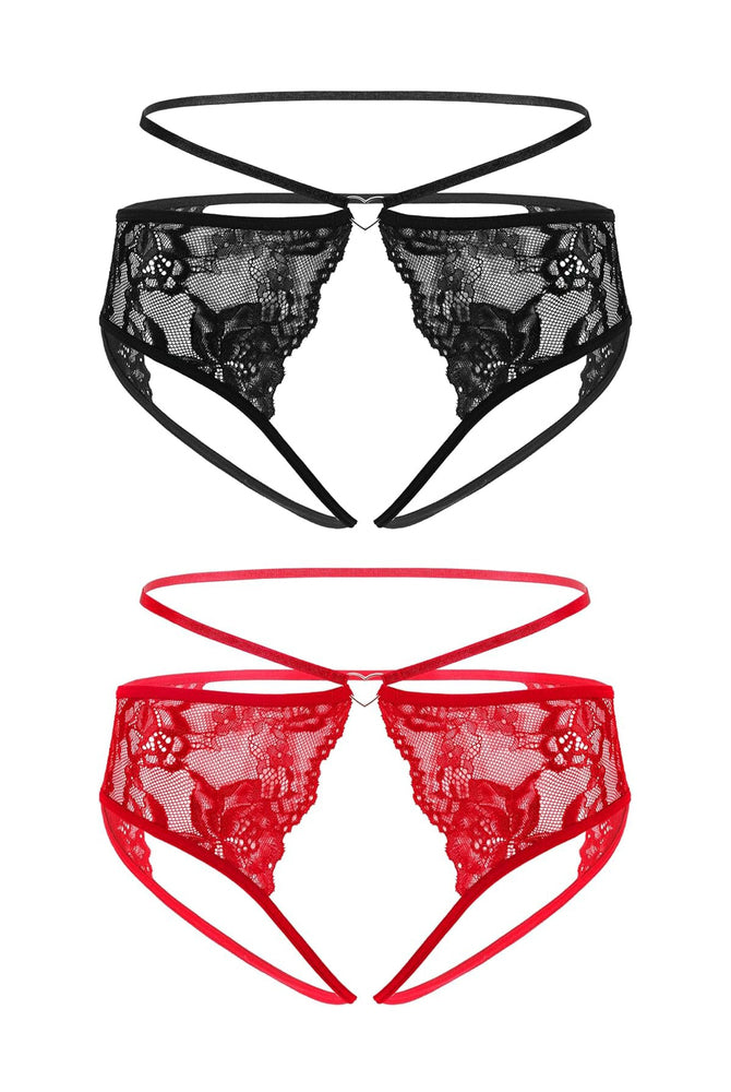 Floral lace cheeky strap panties set: black and red with heart center and scalloped lace edges