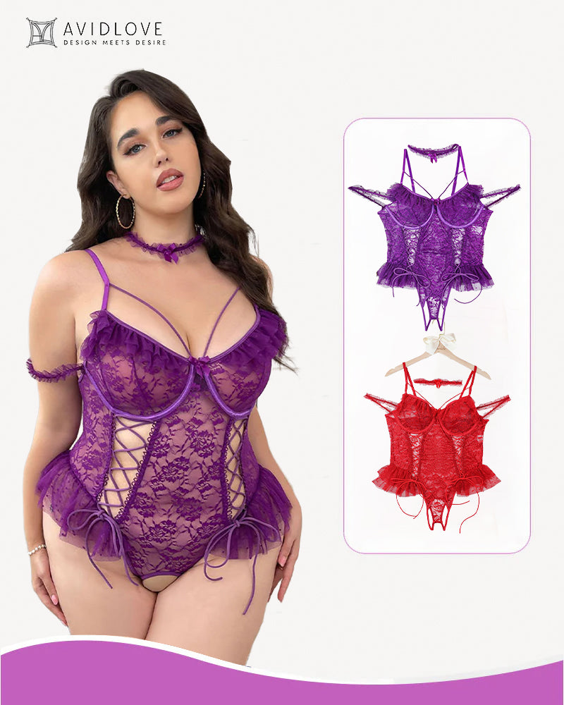 Purple sheer lace bodysuit with underwire cups and layered tulle at hips