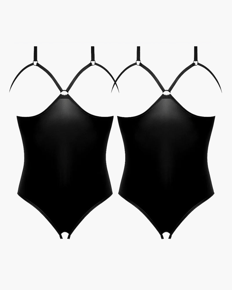 Black cupless crotchless teddy set, two matching bodysuits side by side