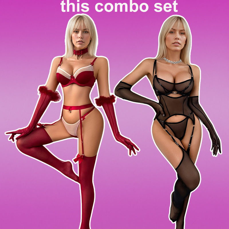 Wine red bra and thong lingerie set with choker, fuzzy gloves, and thigh-high stockings