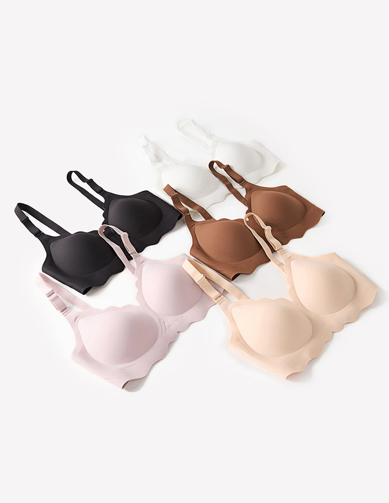 Wireless full-coverage push-up bra set in black, nude, and white shades