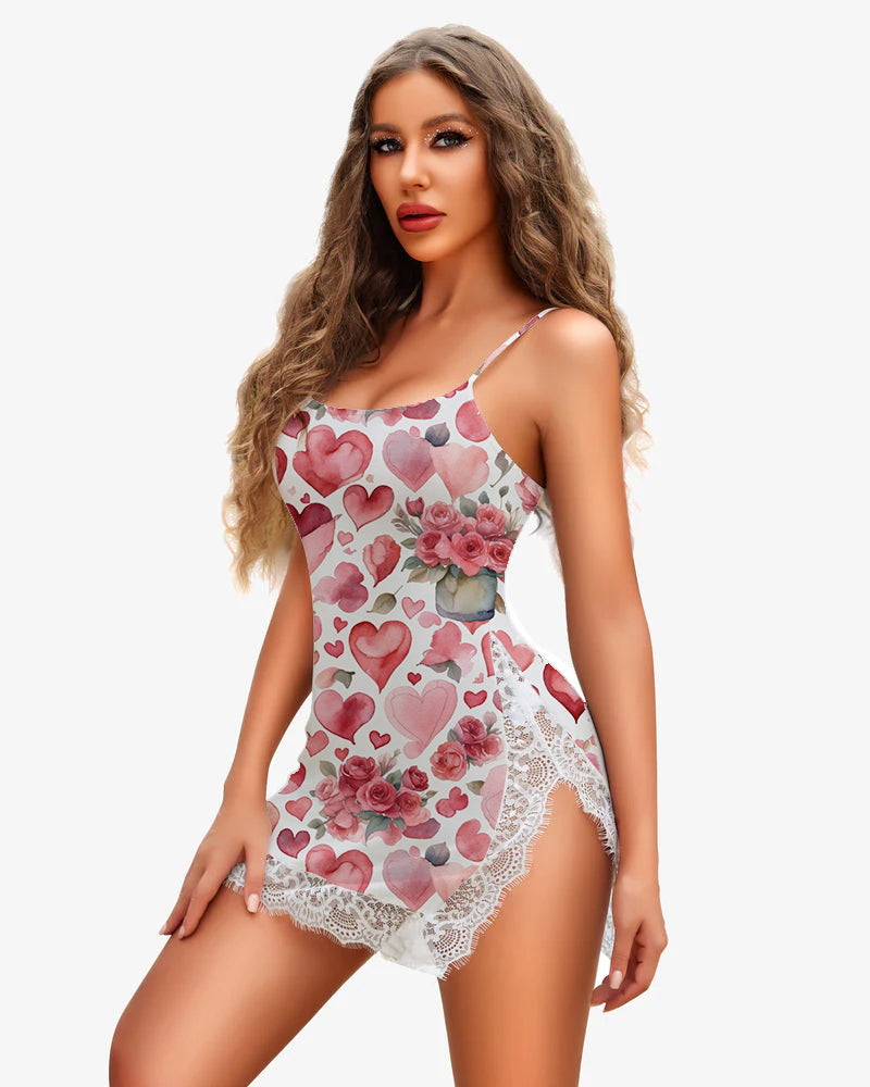 Pink heart-and-rose print mini dress with lace trim, spaghetti straps, side slit