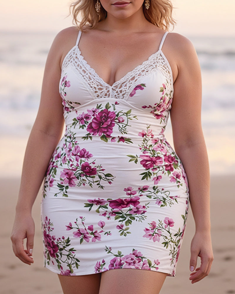 Plus size chemise with white lace trim neckline and allover pink floral print, fitted