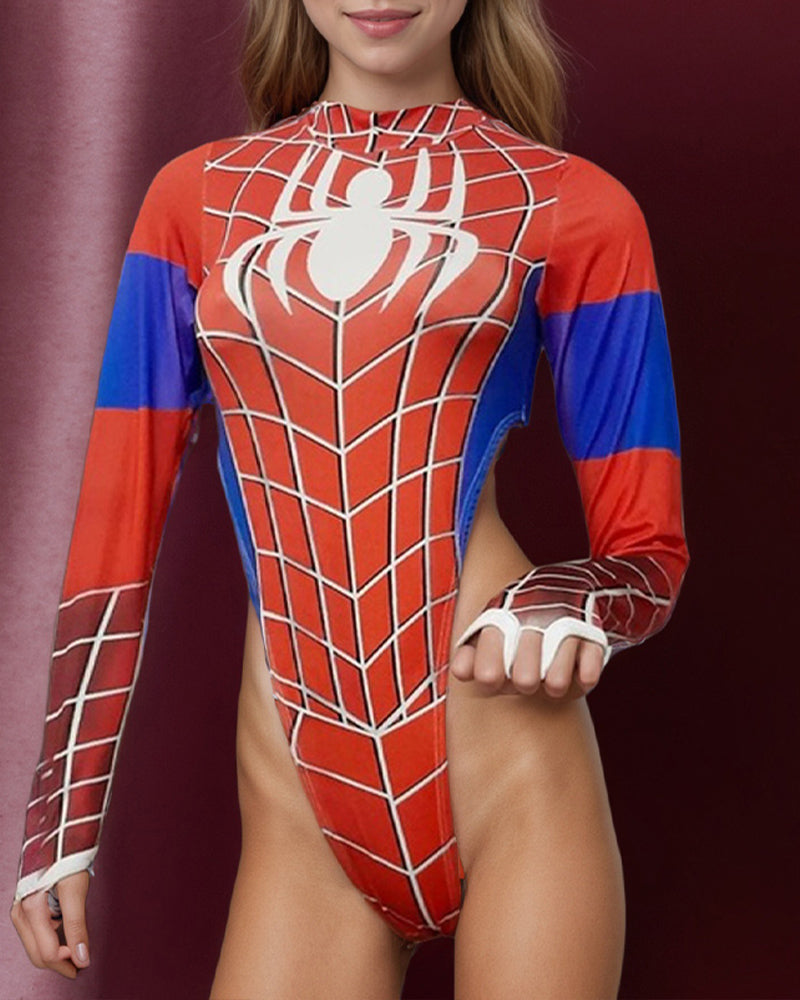 Red long-sleeve bodysuit with white spider-web grid and spider emblem