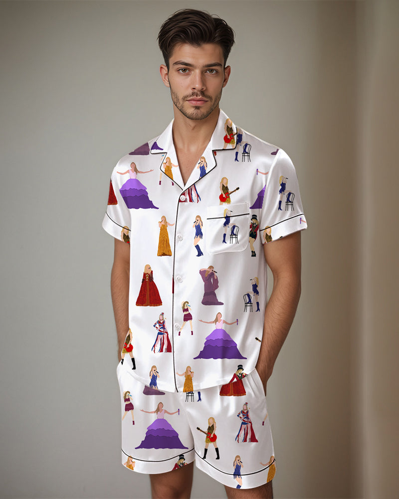 Satin pajama set with colorful fashion-scene print short-sleeve shirt and matching shorts