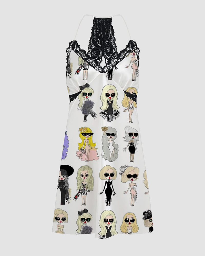 Satin suspender pajama chemise with black lace yoke and illustrated girl pattern