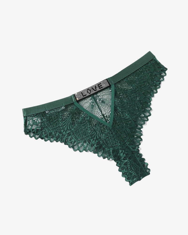 Green lace panty with mesh center panel and scalloped trim, elastic logo waistband